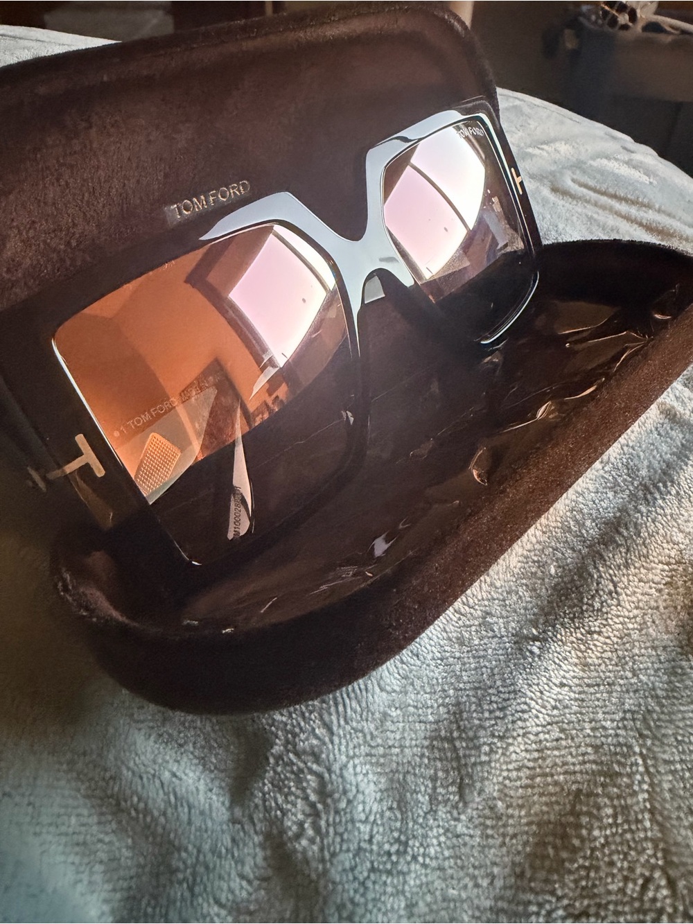 Tom Ford Shiny Black Oversized Square Sunglasses with Gold Accents